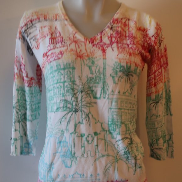 Womens Leo & Ugo White Multicolor V-Neck Print Design Sweater 2 US/M * - Picture 2 of 12